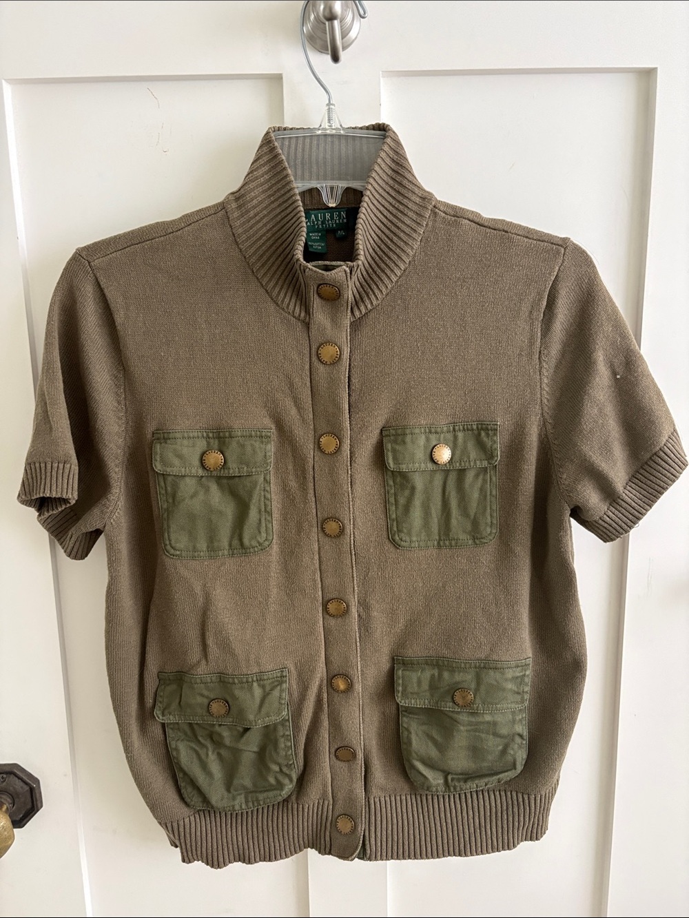 VGUC Lauren Ralph Lauren Army Green Snap Front Knit Sweater Top Size Petite L